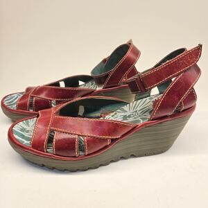 Fly London YEFI Red Leather Green Footbed P5K Wedge Sandal - Sz 39, US 8-8.5